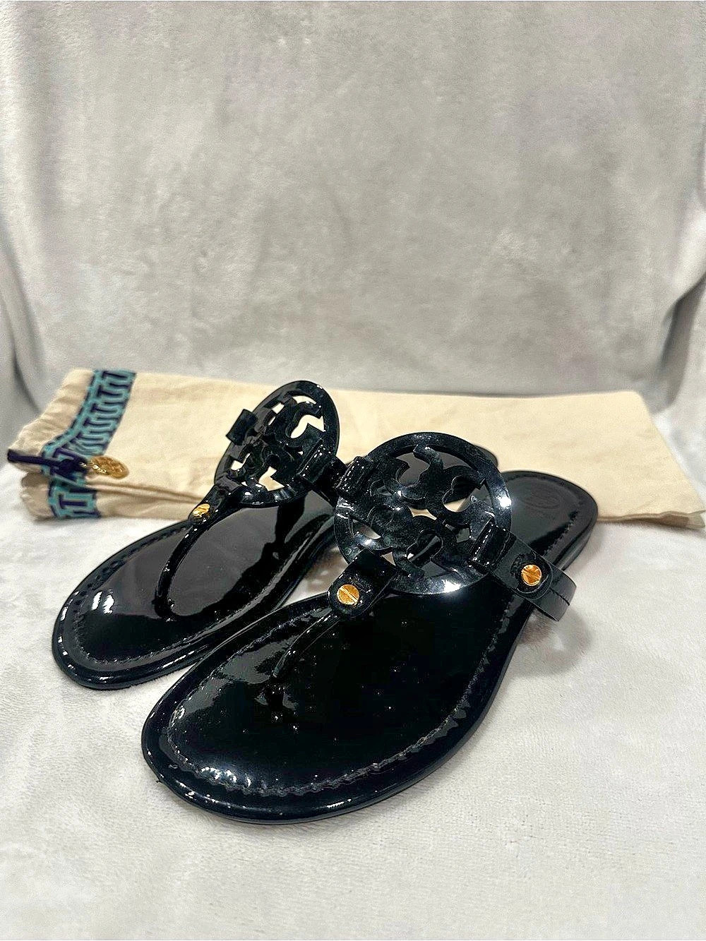 Tory Burch Black Patent Logo Thong Sandals